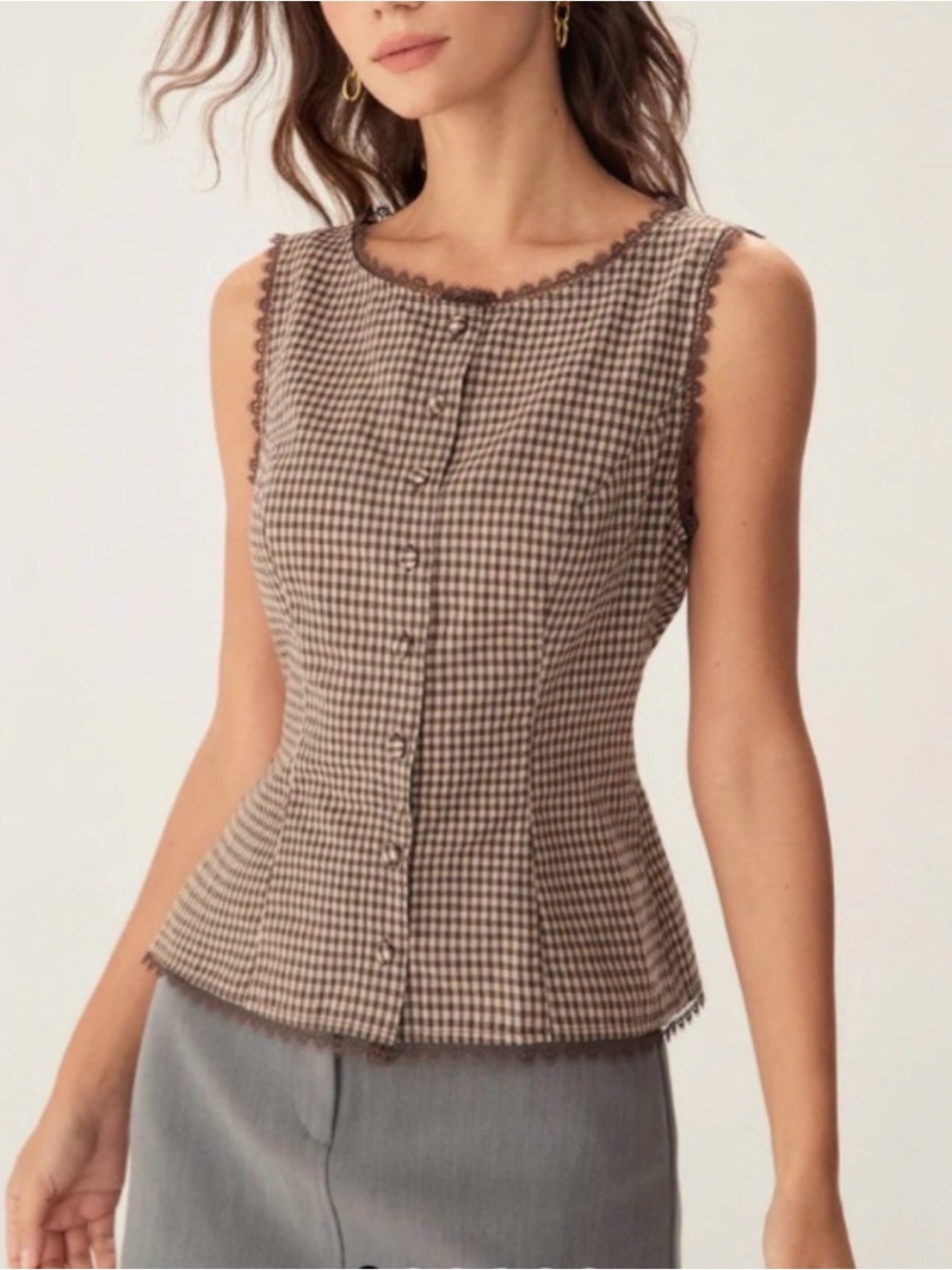 RIHOAS Brown Gingham Embroidered-Trim Sleeveless Button Top - 100% cotton